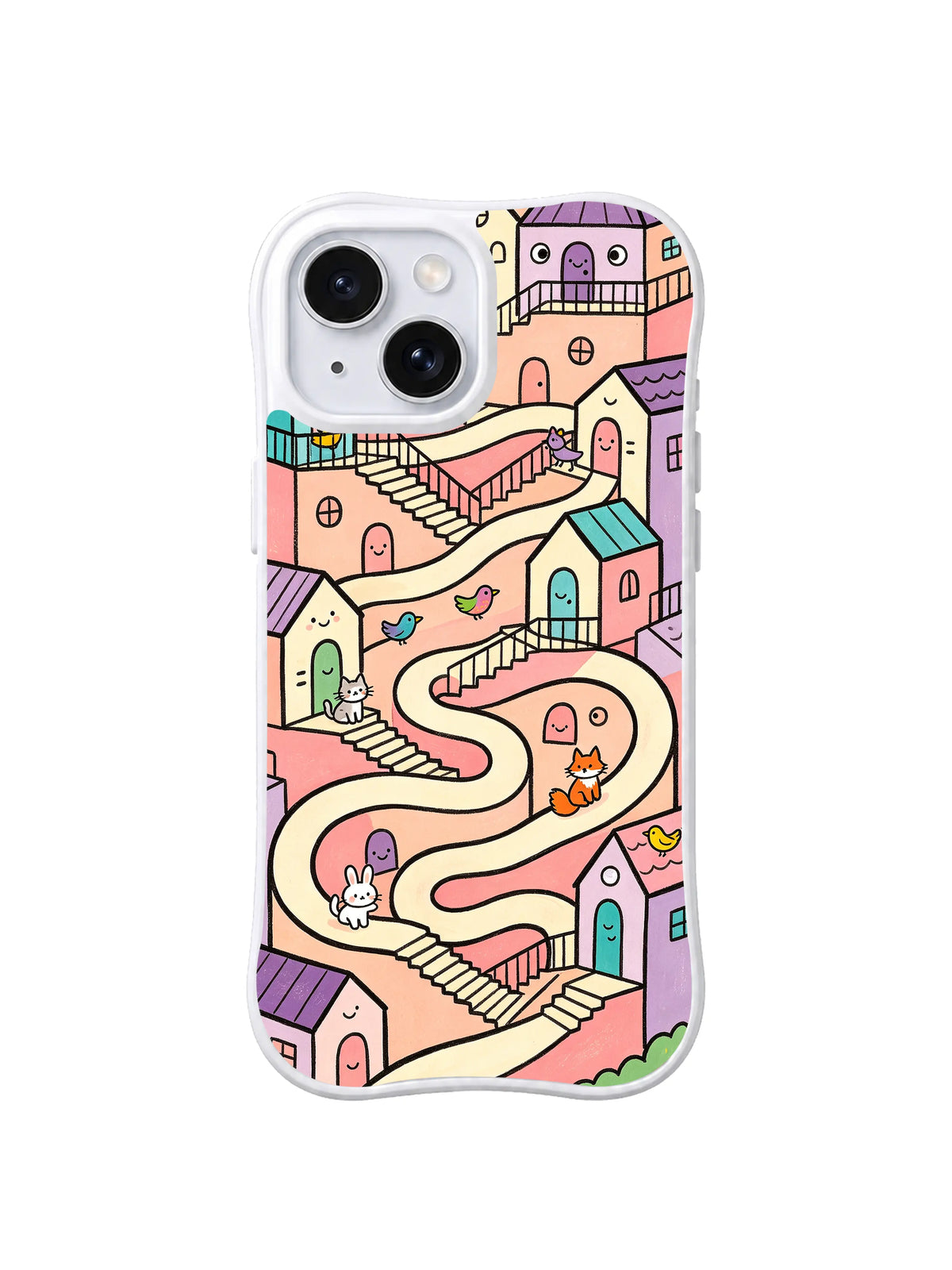 Winding Peach Animal Lanes: A curling peach path winds among pastel homes and small animals.