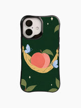 Front view of Peach on a Swing artwork on a black iPhone 16 case