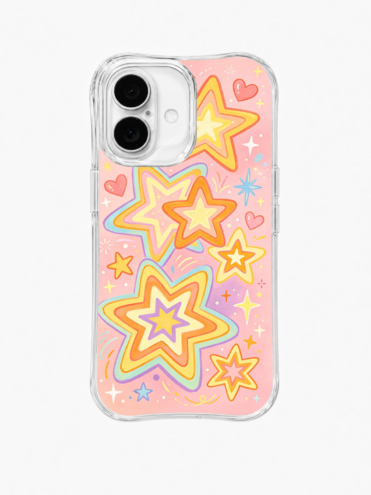 Peach Star Blossom: Katmanlı sarı, turuncu ve pembe yıldızlar şeftali pembe zeminde kalplerle süzülür.