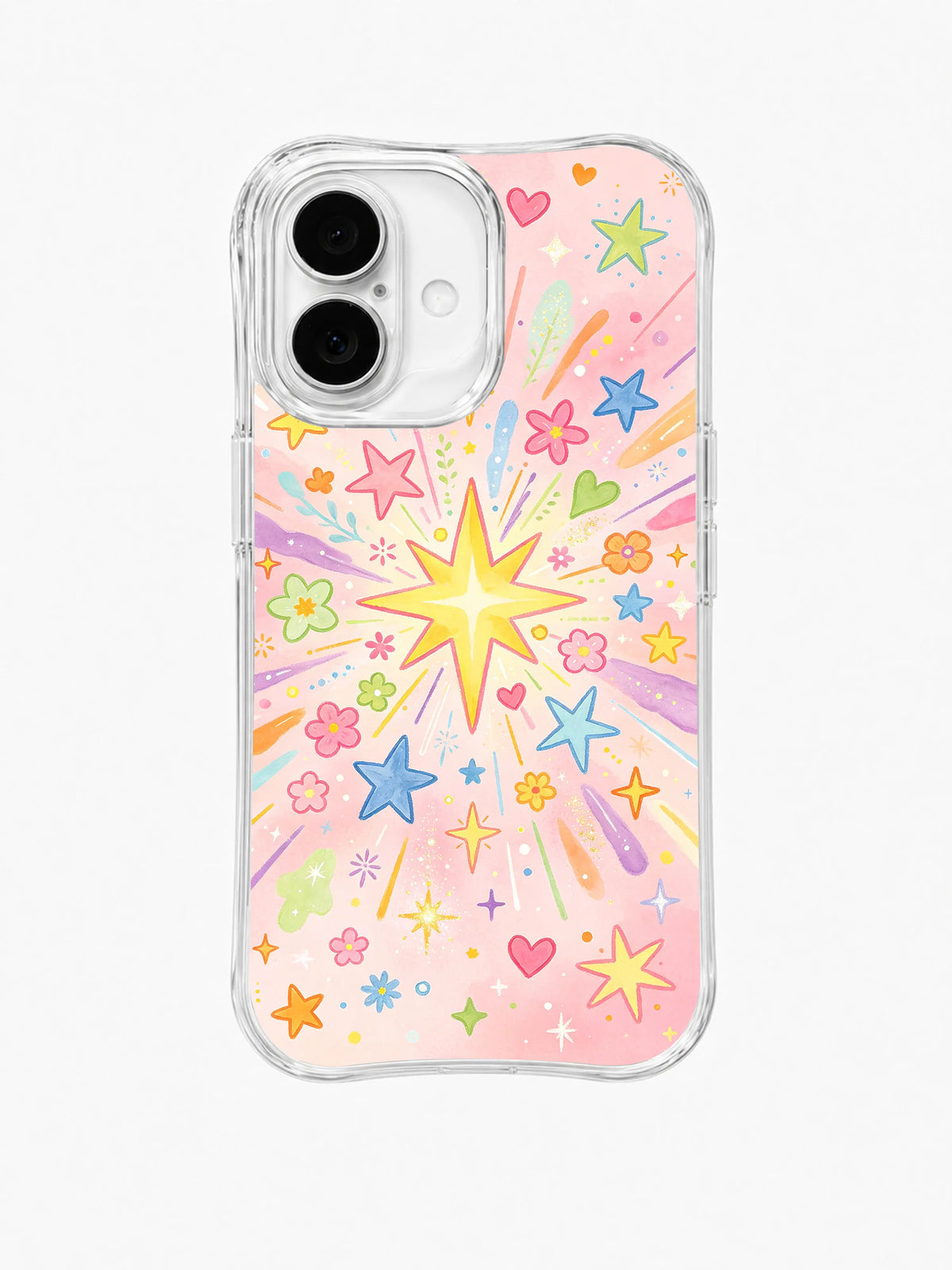 Peach Starburst Meadow: Ortadaki sarı yıldız mavi, pembe ve yeşil yıldızlar ile çiçekler arasından ışınlar saçar.