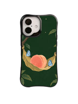 Forest green peach phone case pattern with two ice-blue butterflies on a leaf swing