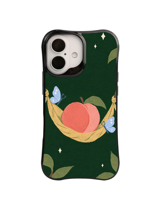 Peach on a Swing iPhone case pattern with coral fruit resting in a pale ochre leaf hammock