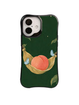 Quiet orchard iPhone case pattern with coral peach, curved leaf hammock and blue butterflies