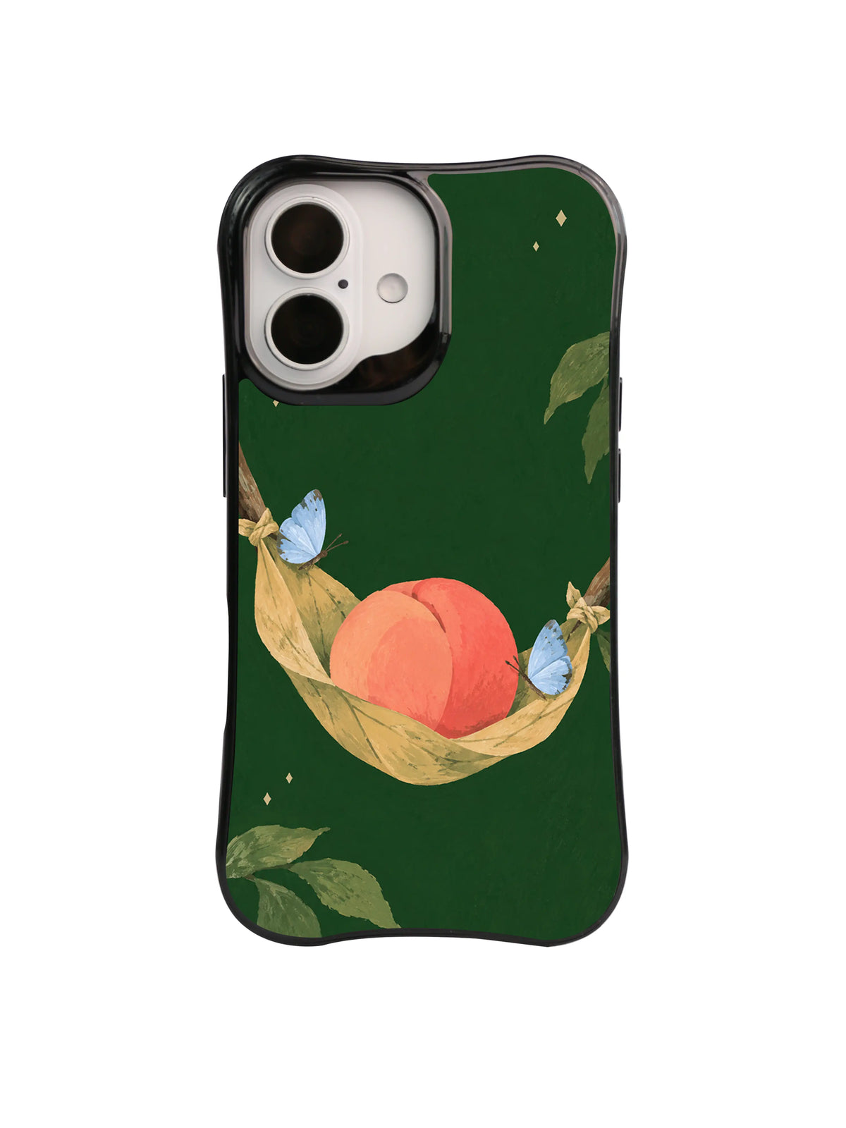Slow afternoon peach iPhone case pattern with tied branches and forest green background