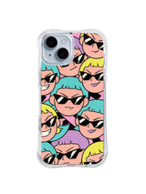 Colorblock Crew Parade: Peach, aqua, yellow and lavender bob-haired faces form a bold stacked color pattern.