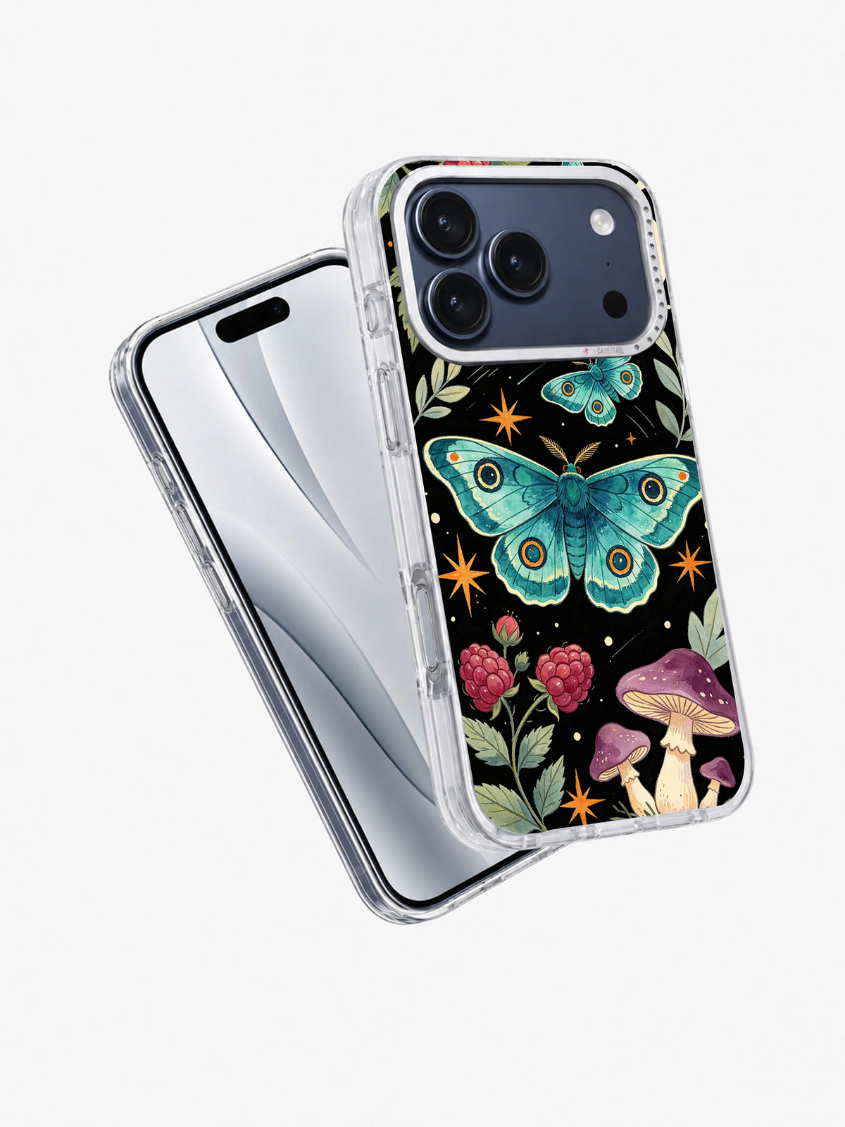 Angled phone view showing the Teal Moth Raspberry Grove artwork on a clear case