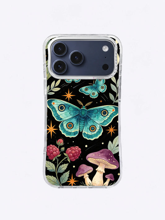 Teal Moth Raspberry Grove artwork with a large blue-green moth, raspberry flowers, plum mushrooms, and ochre stars on black