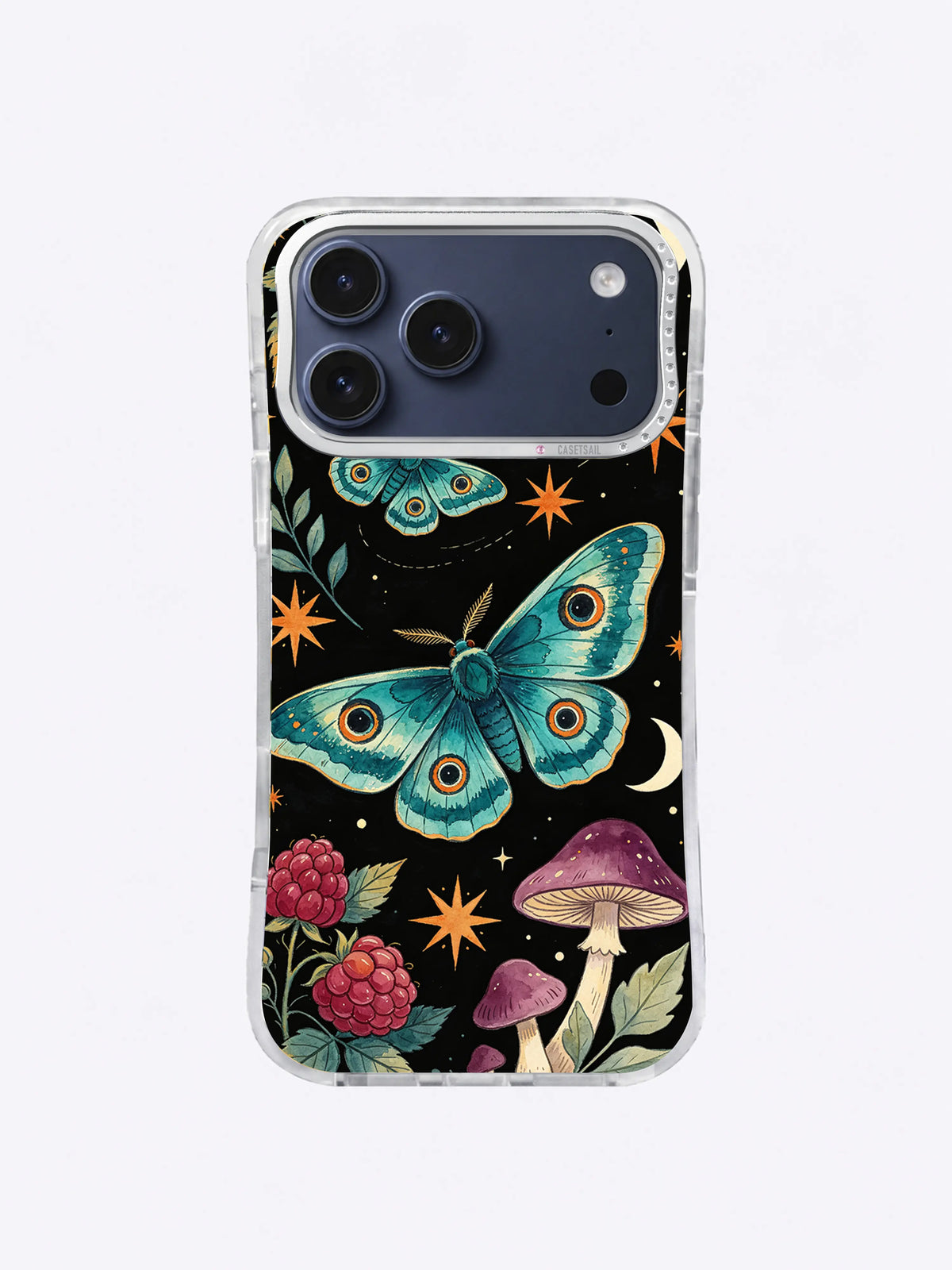 Moonwing Ochre Starflight pattern with a teal fantasy moth, ivory crescent, raspberry flowers, mushrooms, and orange stars