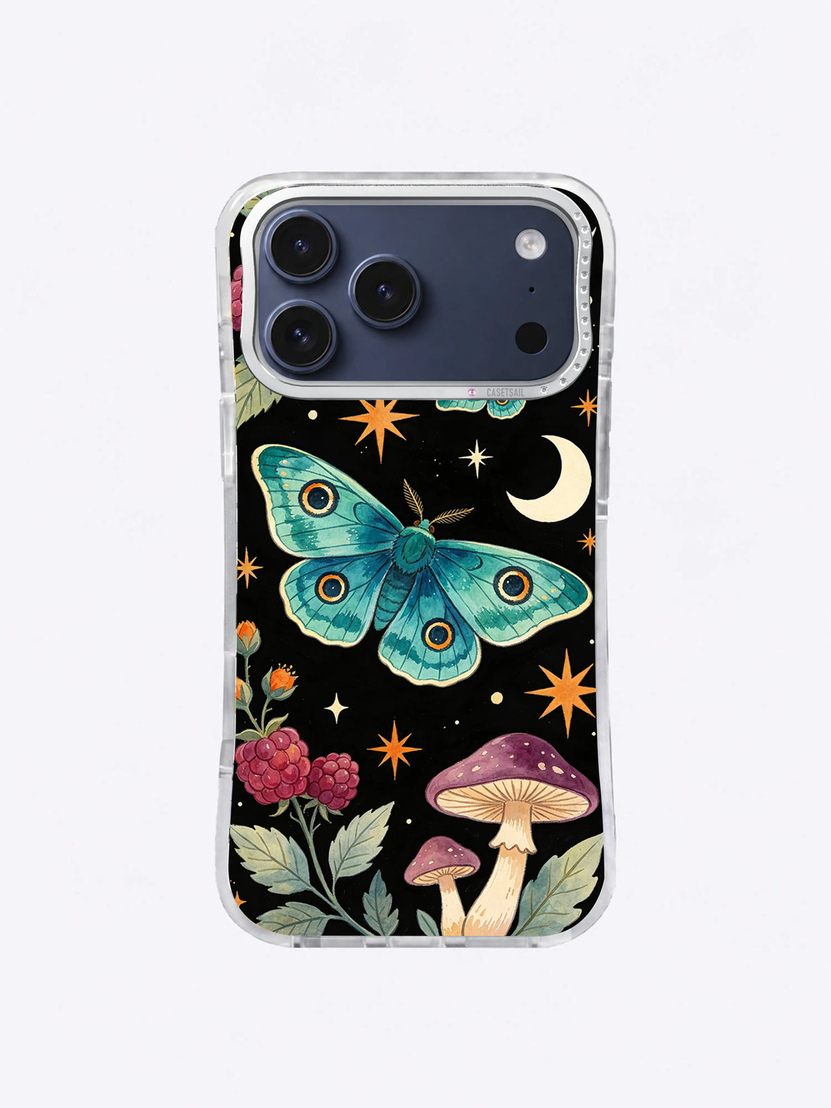 Crescent Moth Mushroom Garden artwork with a teal moth, berry-red flowers, violet mushrooms, and a pale moon on black