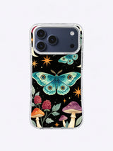 Twin Moth Berry Night pattern with large and small teal moths, raspberry flowers, mixed mushrooms, and starbursts