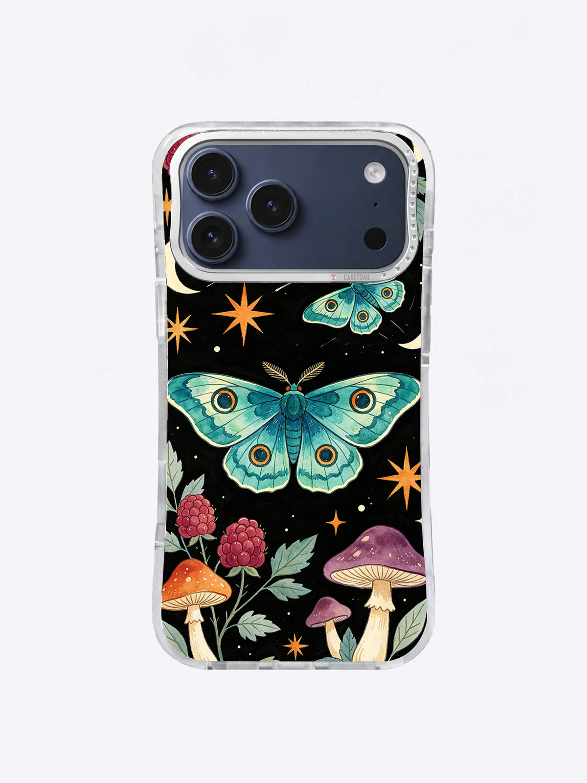 Twin Moth Berry Night pattern with large and small teal moths, raspberry flowers, mixed mushrooms, and starbursts