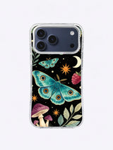 Sage Leaf Peacock Flight artwork with a teal fantasy moth, sage leaves, raspberry flowers, ivory crescent, and ochre stars