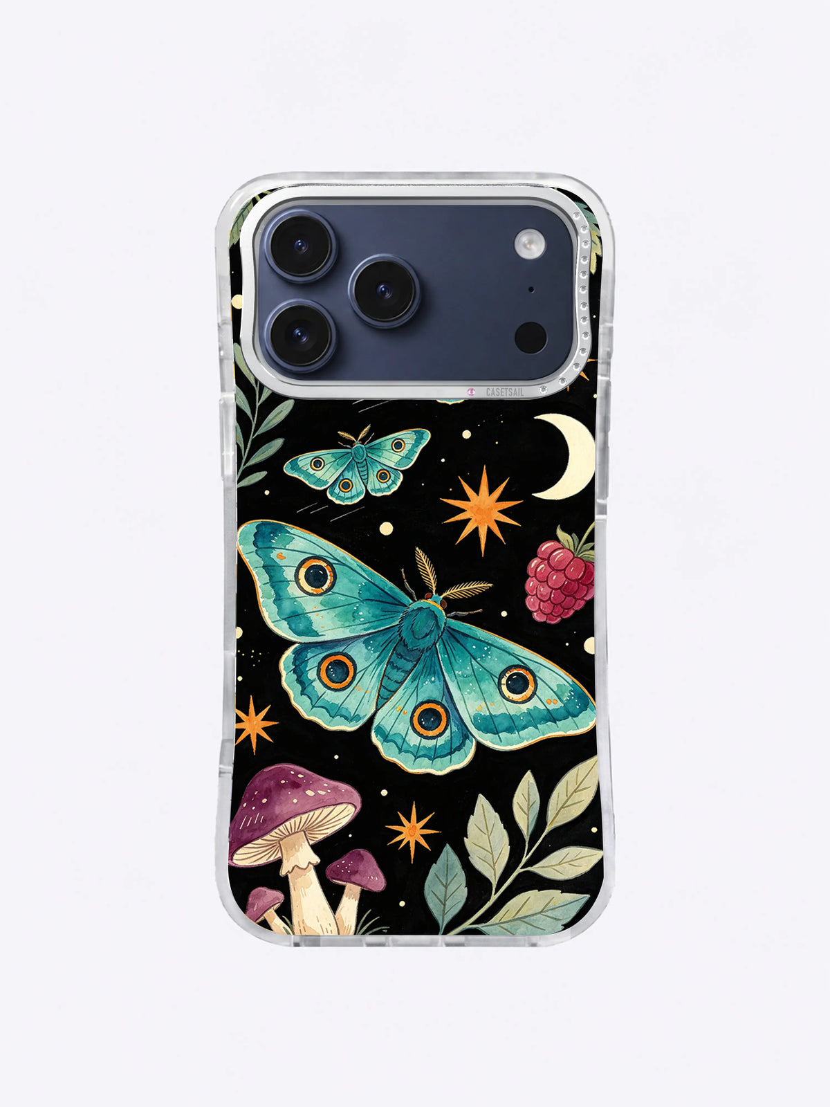 Sage Leaf Peacock Flight artwork with a teal fantasy moth, sage leaves, raspberry flowers, ivory crescent, and ochre stars
