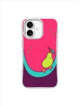 Pear in tiny apricot boots balancing on a broad turquoise curve against raspberry pink
