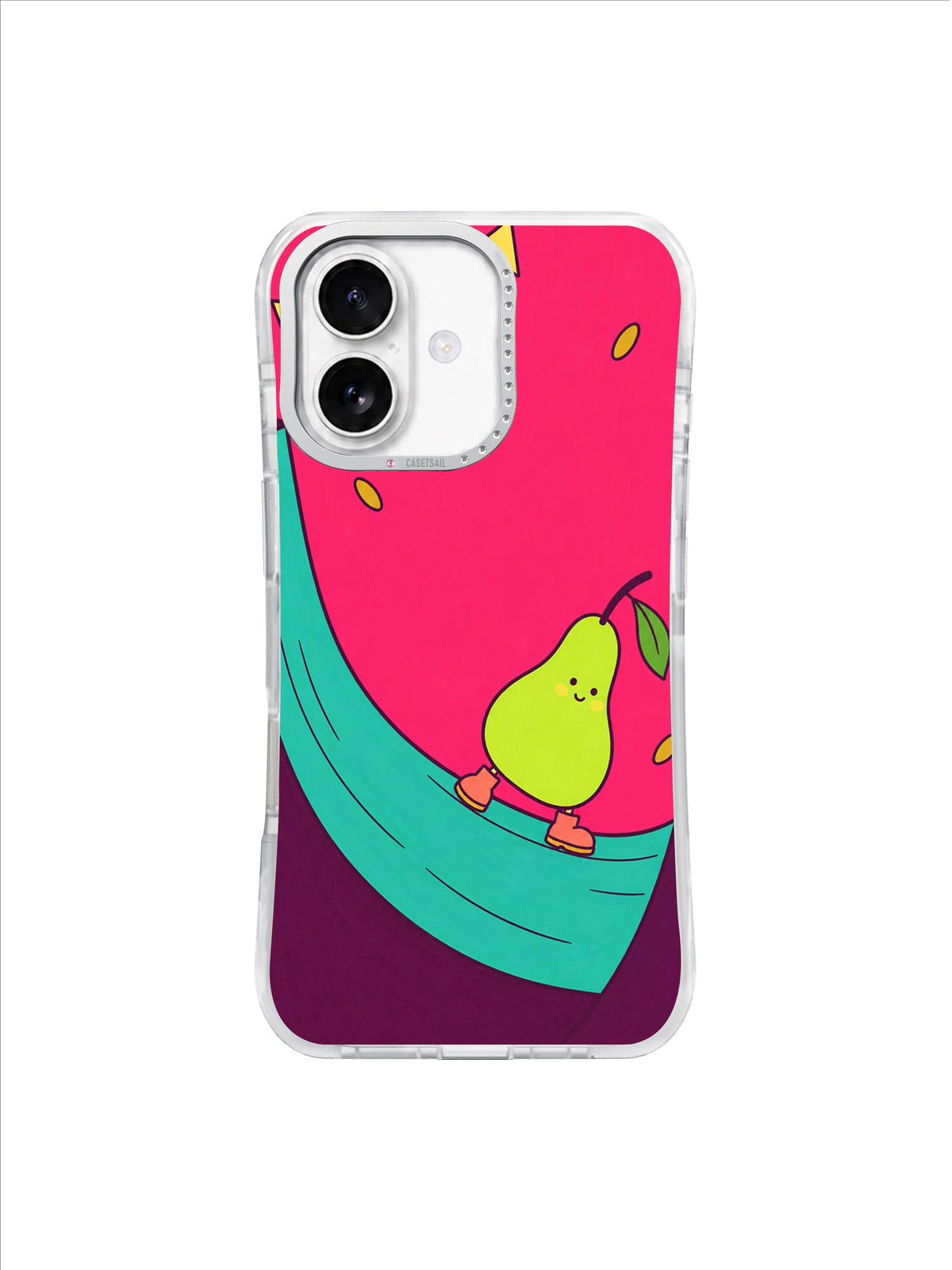 Playful green pear leaning into a turquoise outside lane on a raspberry pink iPhone case