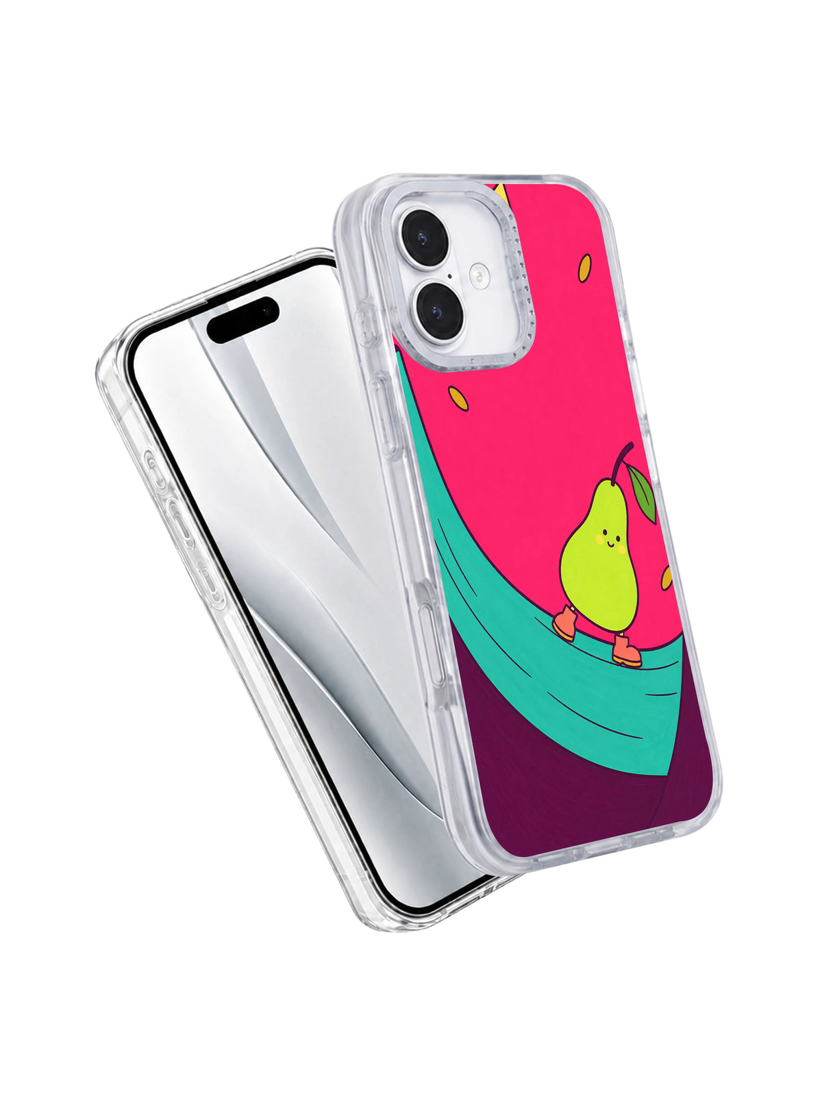 Angled front and back view of Pear Takes the Outside Lane transparent iPhone 17 case