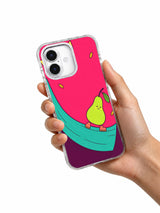Hand holding Pear Takes the Outside Lane artwork on a transparent iPhone case