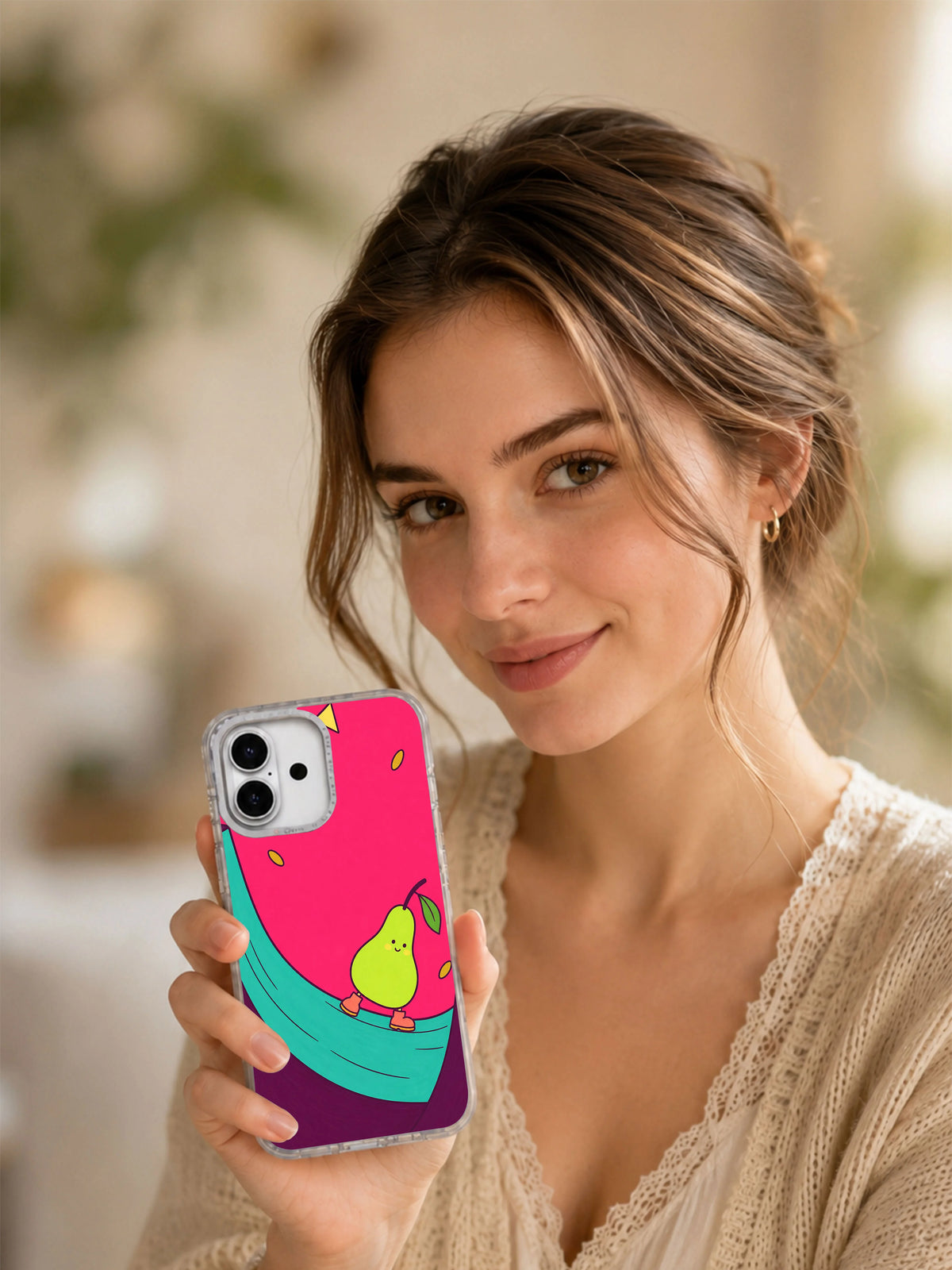 Lifestyle portrait holding the Pear Takes the Outside Lane illustrated iPhone case