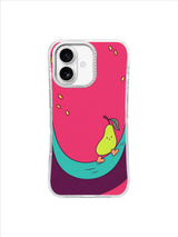 Small green pear moving along an open turquoise track beneath a bright pink sky