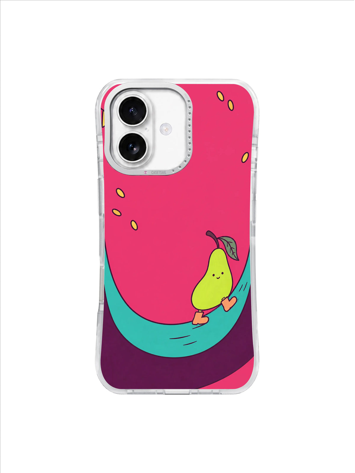 Small green pear moving along an open turquoise track beneath a bright pink sky