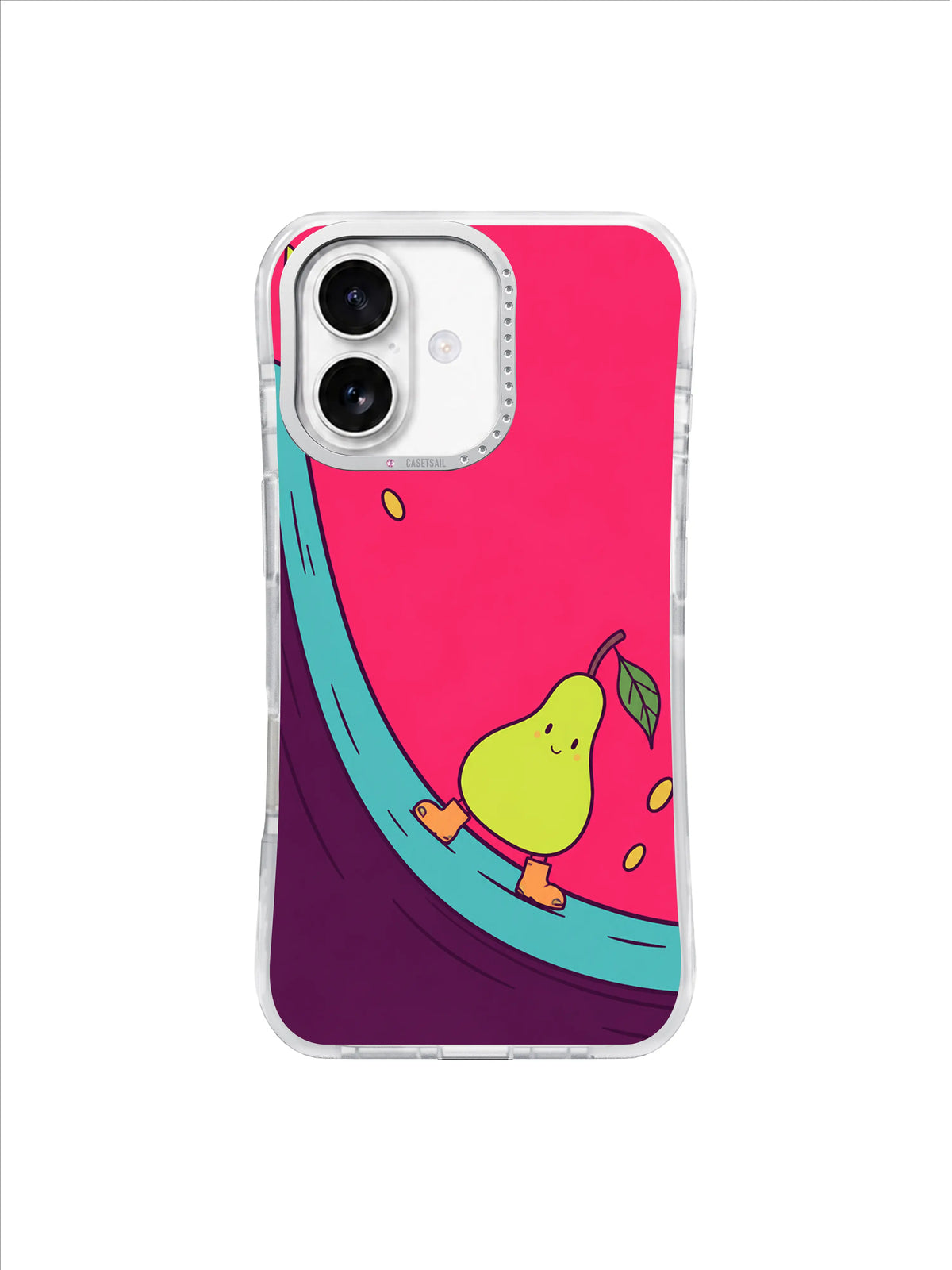 Green pear skating past drifting ochre seeds on a pink and plum iPhone case