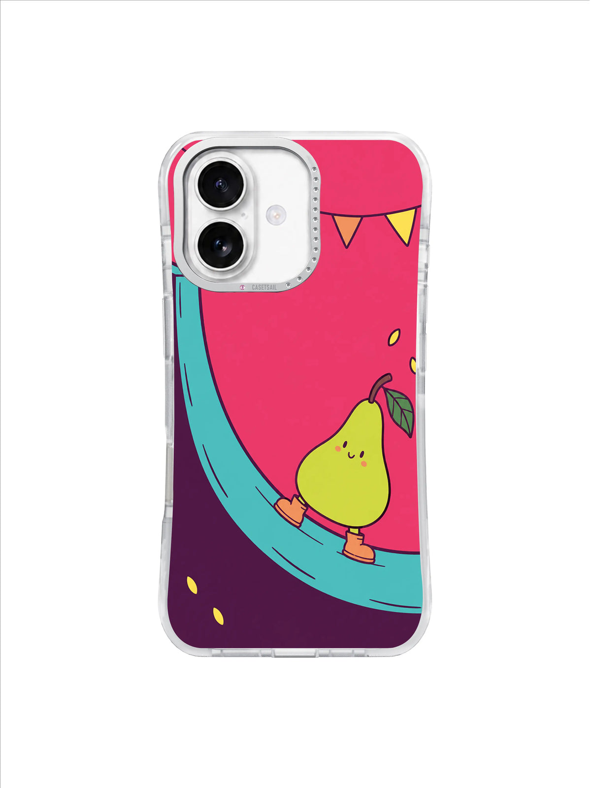 Acid-green pear in apricot boots taking a wide turquoise curve on a raspberry pink iPhone case