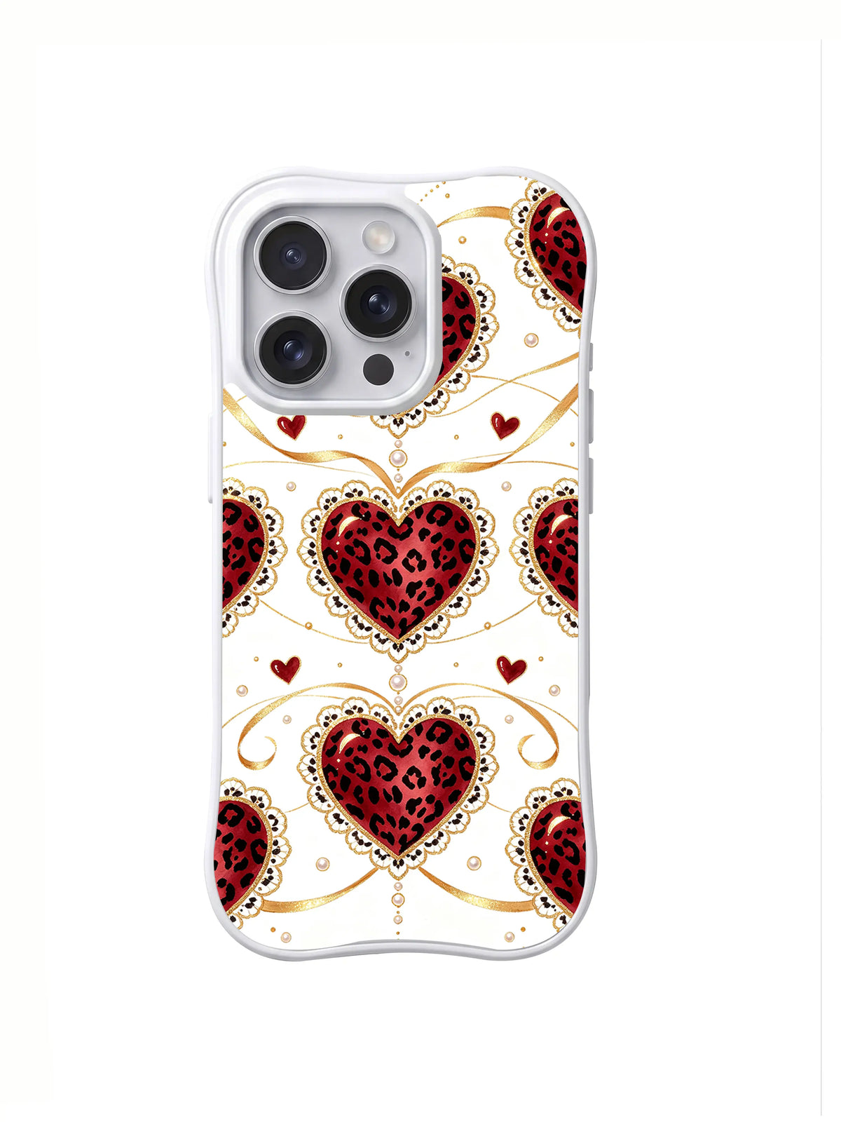 Pearl Lace Heart Rows red black blush cream and gold-colored heart and bow artwork on an iPhone case