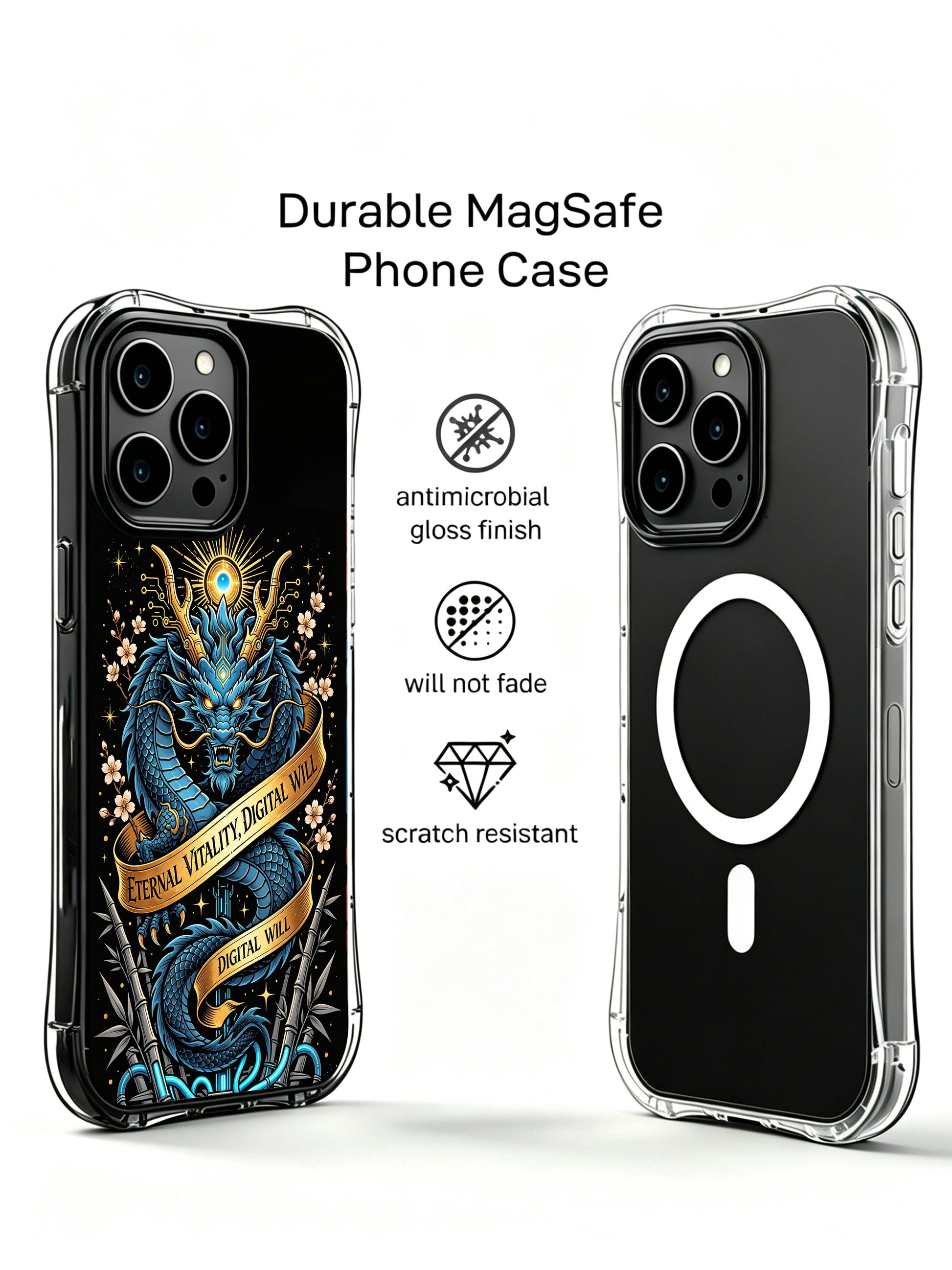 Guangzhou night neon traditional dragon inspired totem PhoneCasing, artistic iPhone 14 Plus Case with cyber bamboo base, scratch resistant durable iPhone 14 Plus casing.