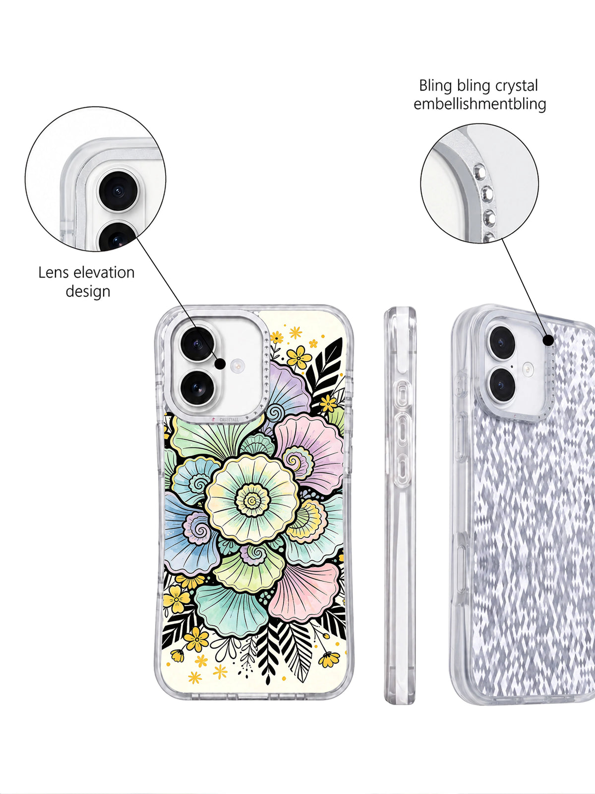 Rhinestone camera frame ocean floral iPhone 17 case detail