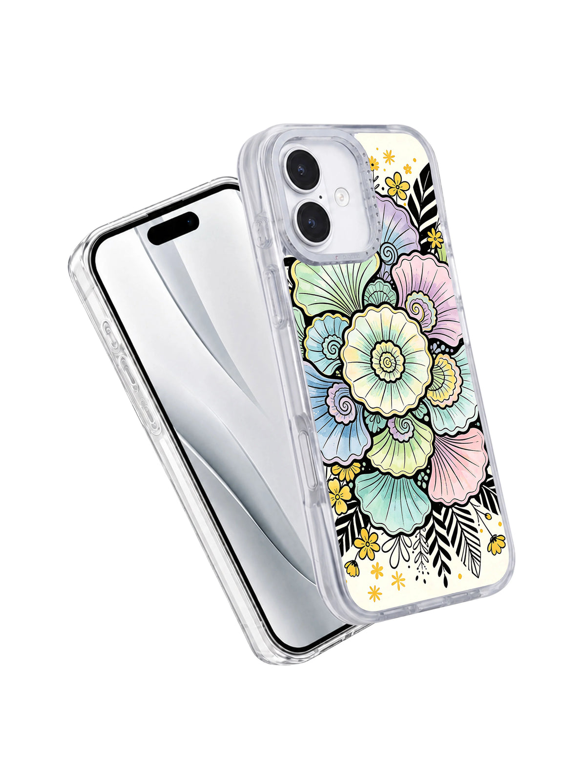 Pearl botanical iPhone 17 case front and back view