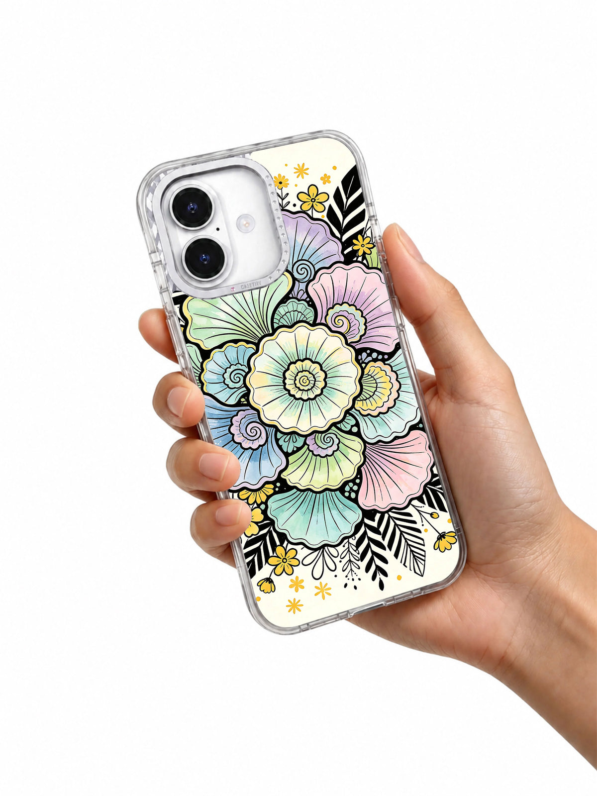 Pearl flower art iPhone 17 case held in hand