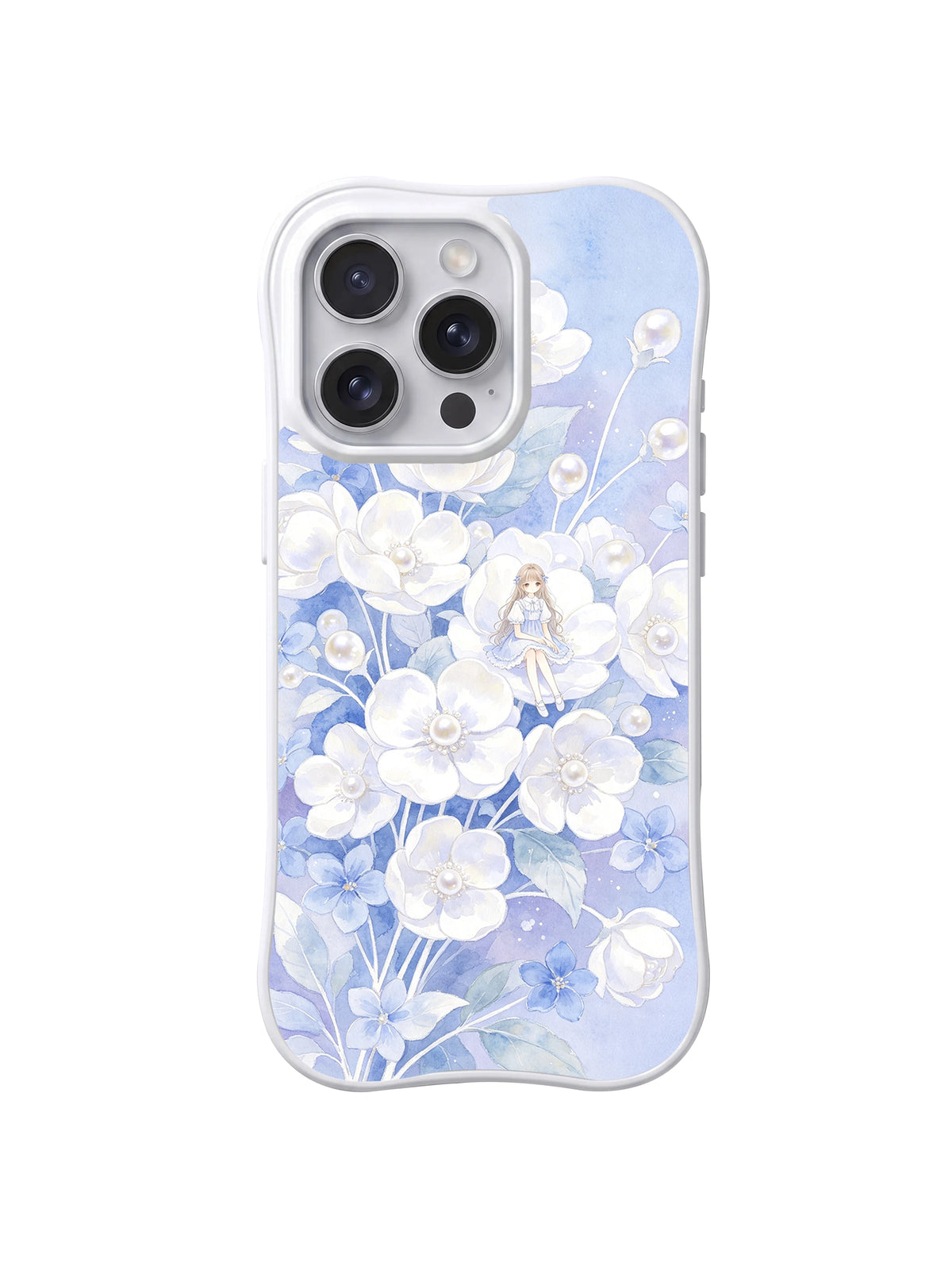 Pearl White Petal Daydream: Mavi zeminde beyaz çiçekler, açık saplar ve inci benzeri noktalar arasında minik oturan figür.