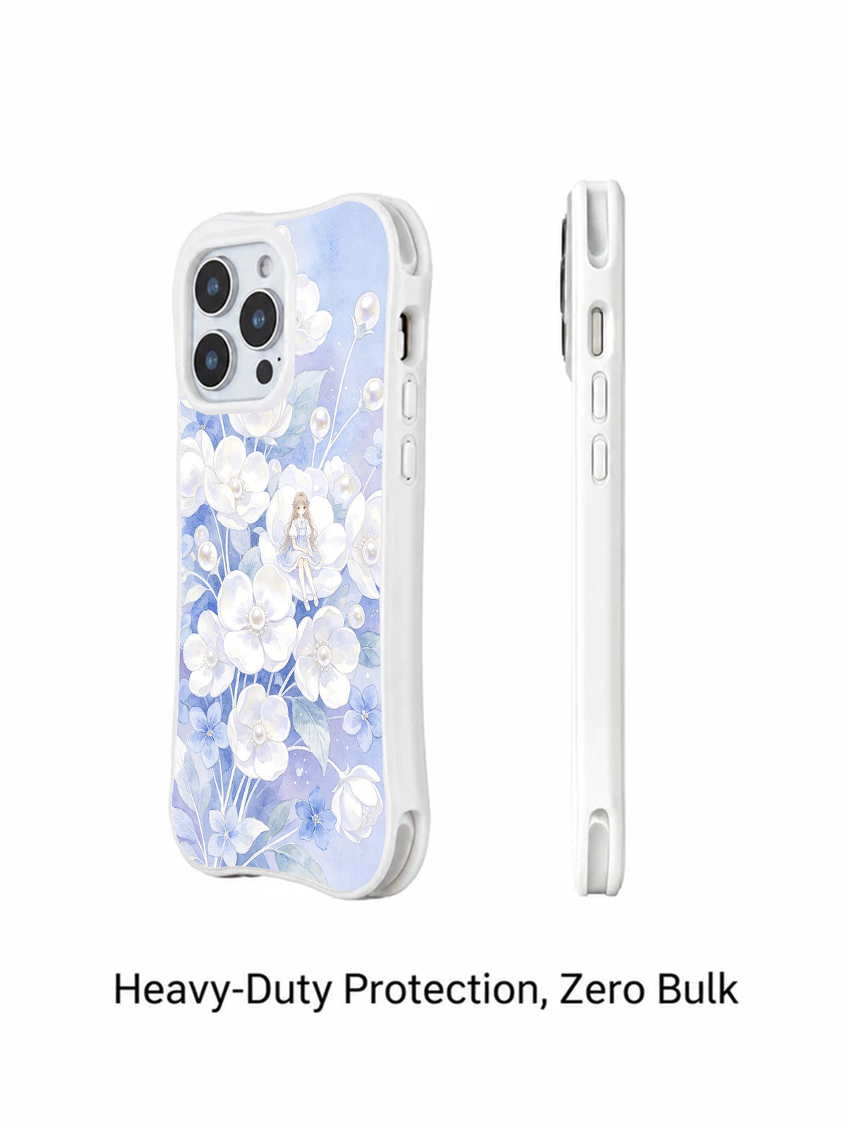 Pearl White Petal Daydream: Desenli kılıfın arka ve yan görünümleri.