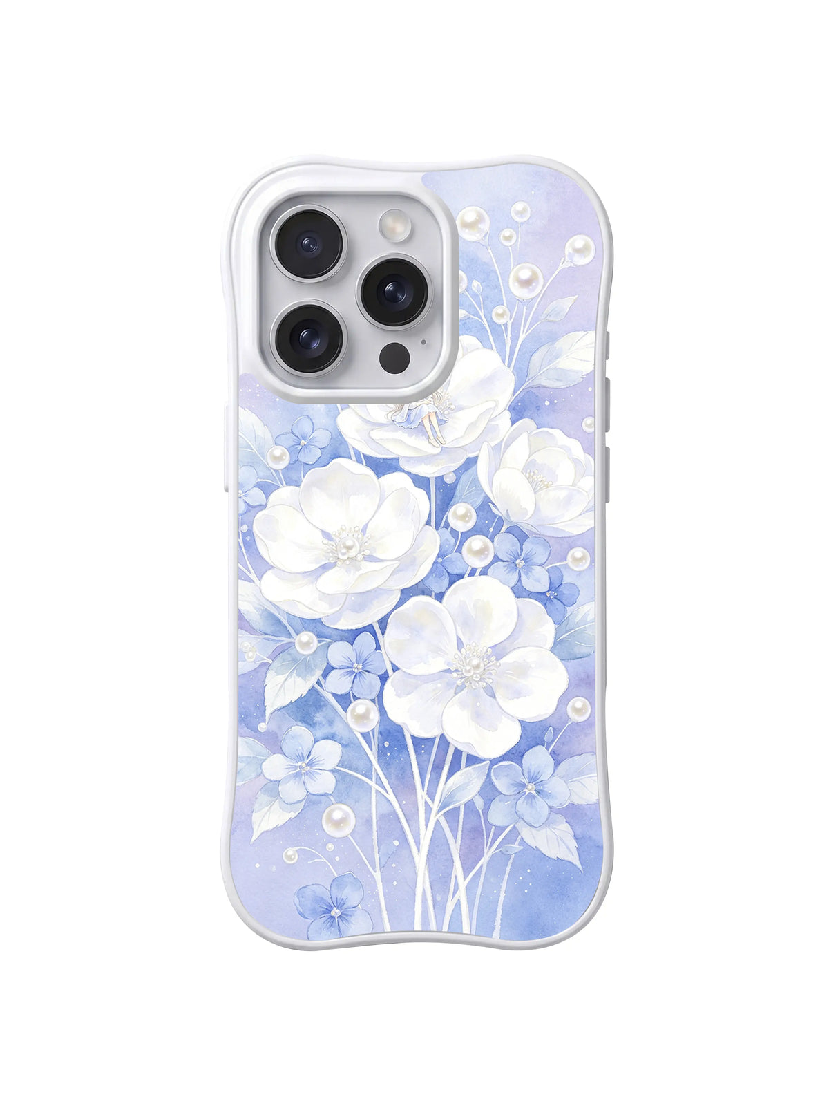 Pearl White Petal Daydream / Ivory Petal Drift: Figür görünmeyen, dallanan saplar üzerinde katmanlı beyaz çiçekler ve inci benzeri yuvarlak ayrıntılar.