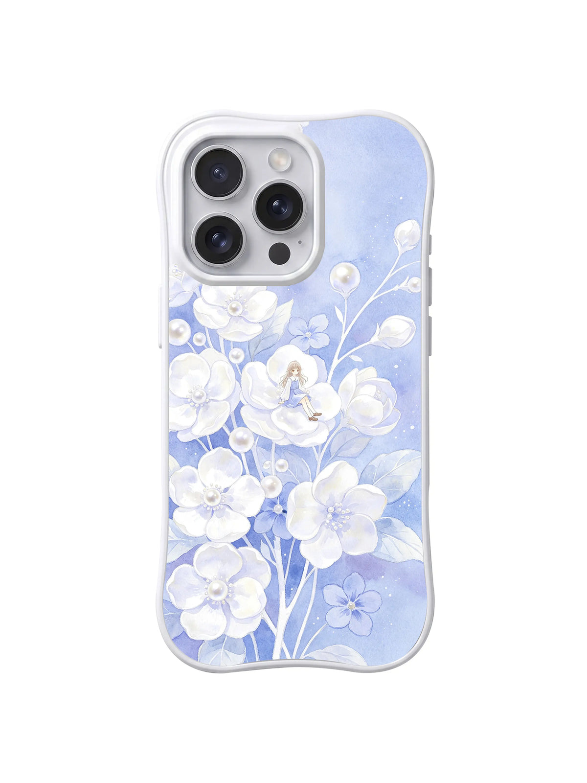 Pearl White Petal Daydream / Soft Blue Daydream Bloom: Açık mavi gökyüzü altında beyaz çiçekte minik figür; uzun saplarda inci benzeri tomurcuklar.