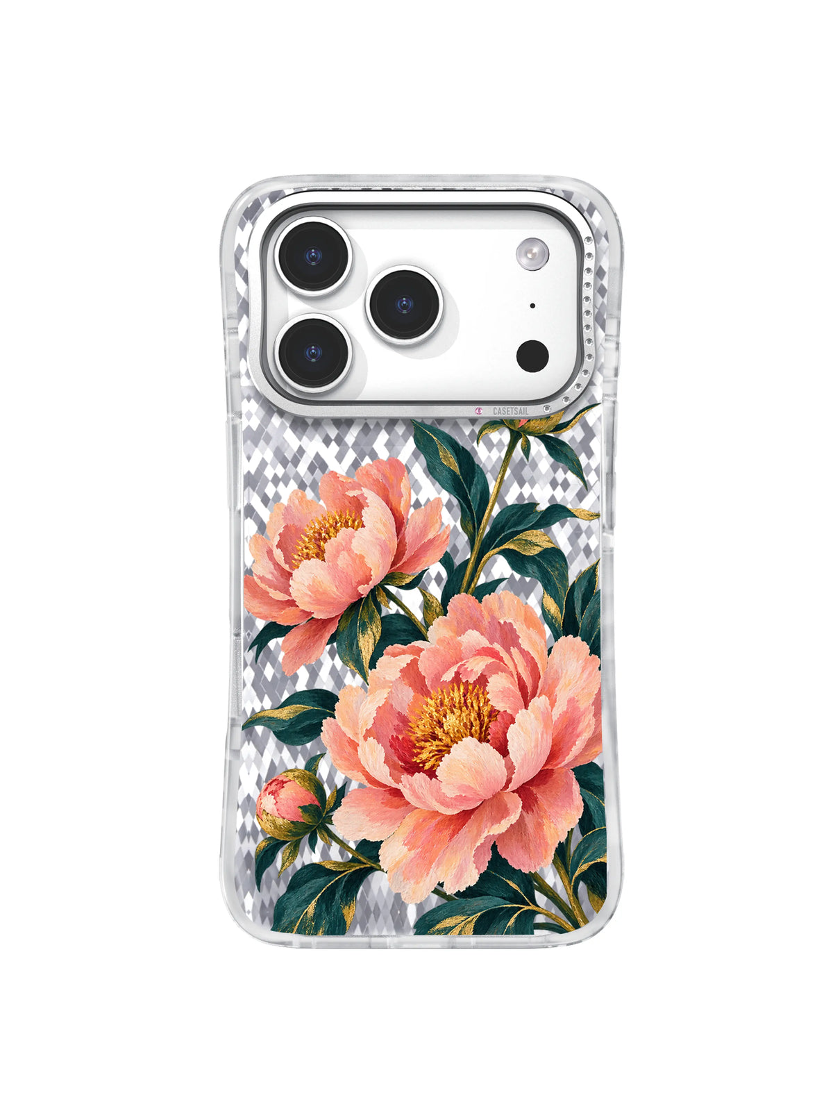 Teal Turning peony artwork for iPhone 17 Pro case