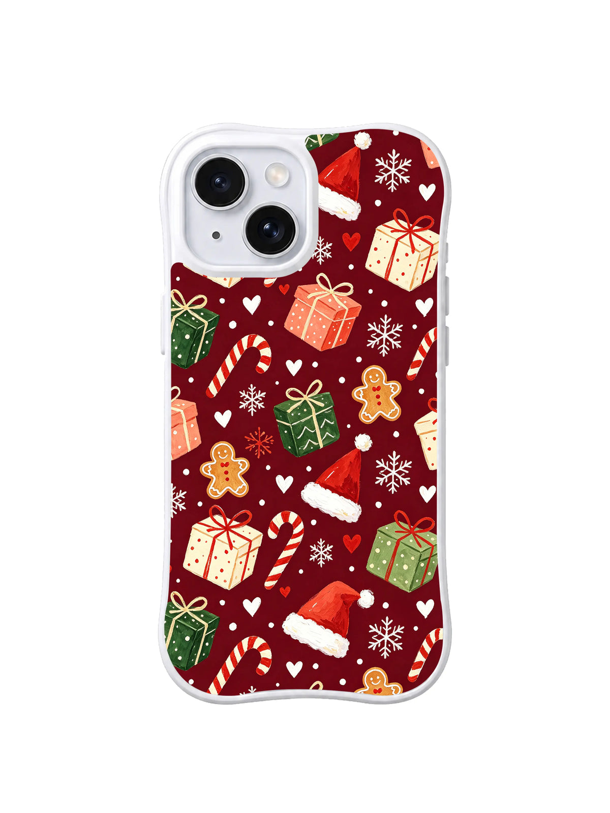 Santa Hat Gift Snowfall: Koyu kırmızı zemini yeşil ve şeftali renkli hediyeler, Noel Baba şapkaları, baston şekerler ve zencefilli kurabiyeler doldurur.