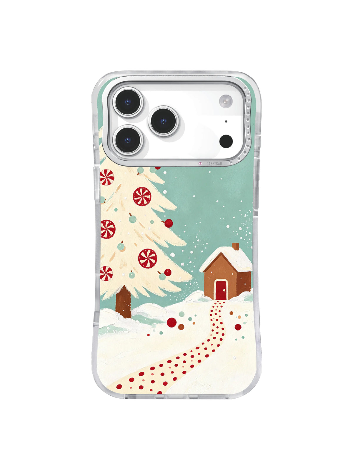 Tall cream pine with peppermint medallions and cottage path on an iPhone 17 Pro case