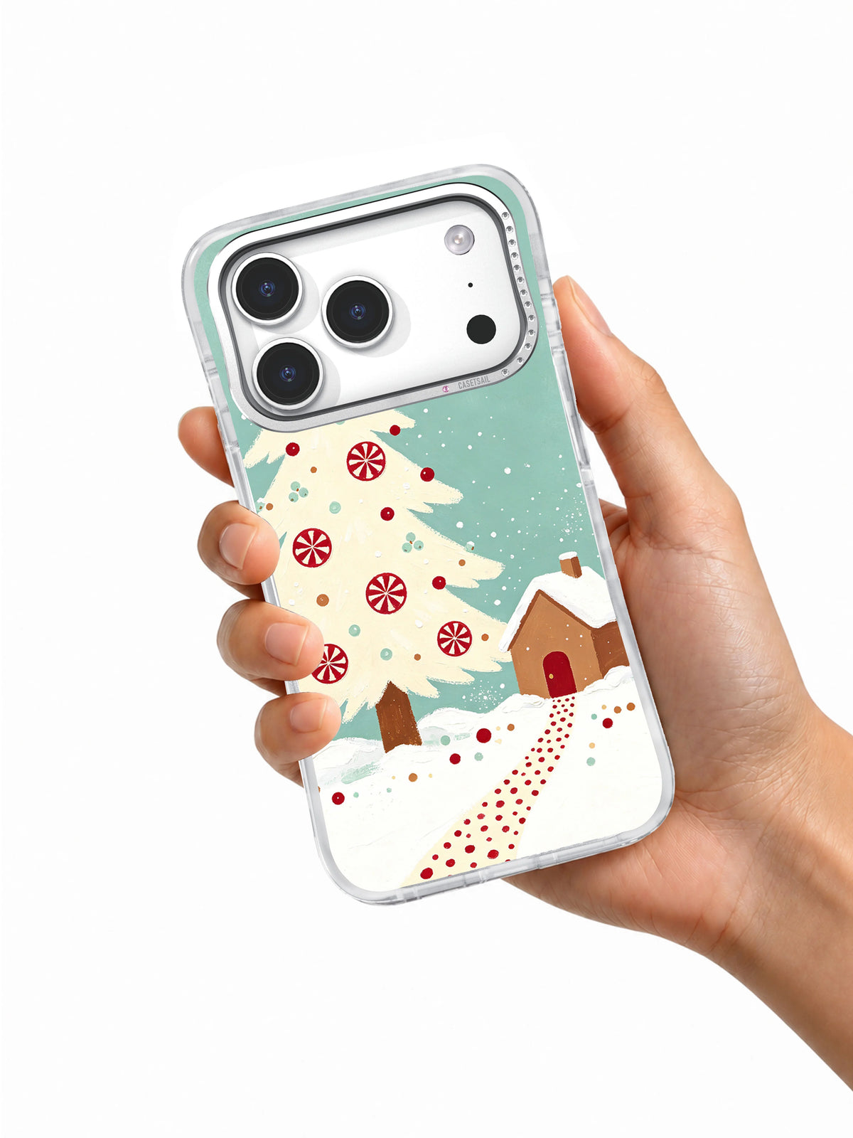 Hand holding the Peppermint Homeward Path iPhone 17 Pro case