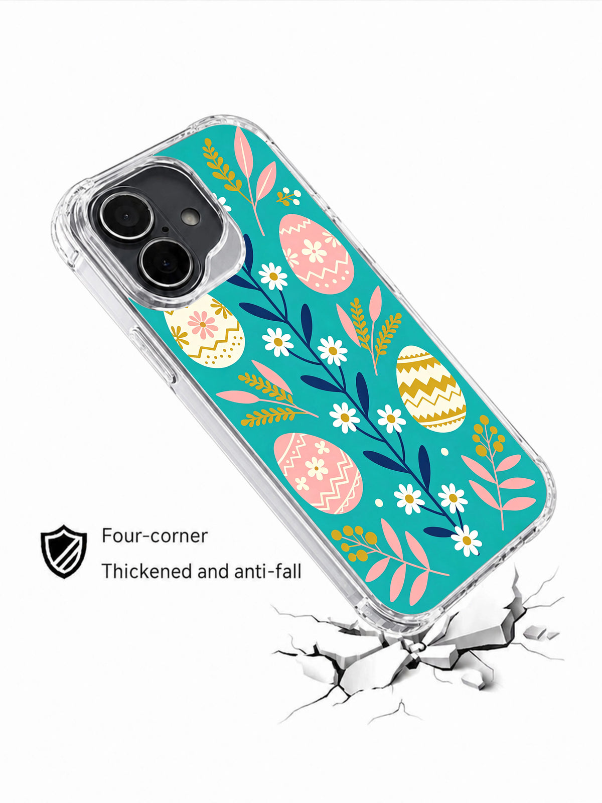 Petal Egg Waltz: Angled illustrated case above a drawn cracked surface.