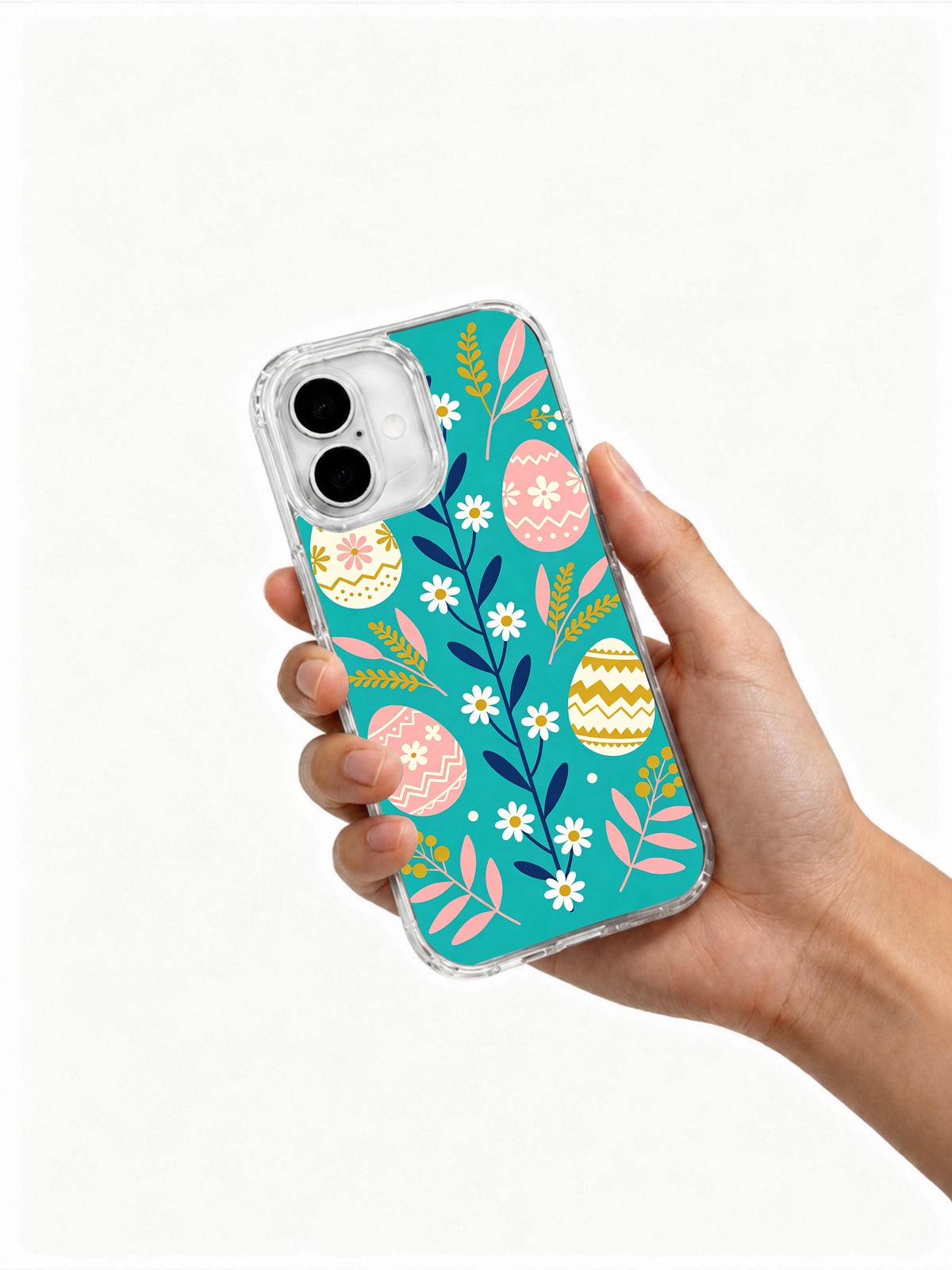 Petal Egg Waltz: Hand holding the case with its illustrated back facing outward.