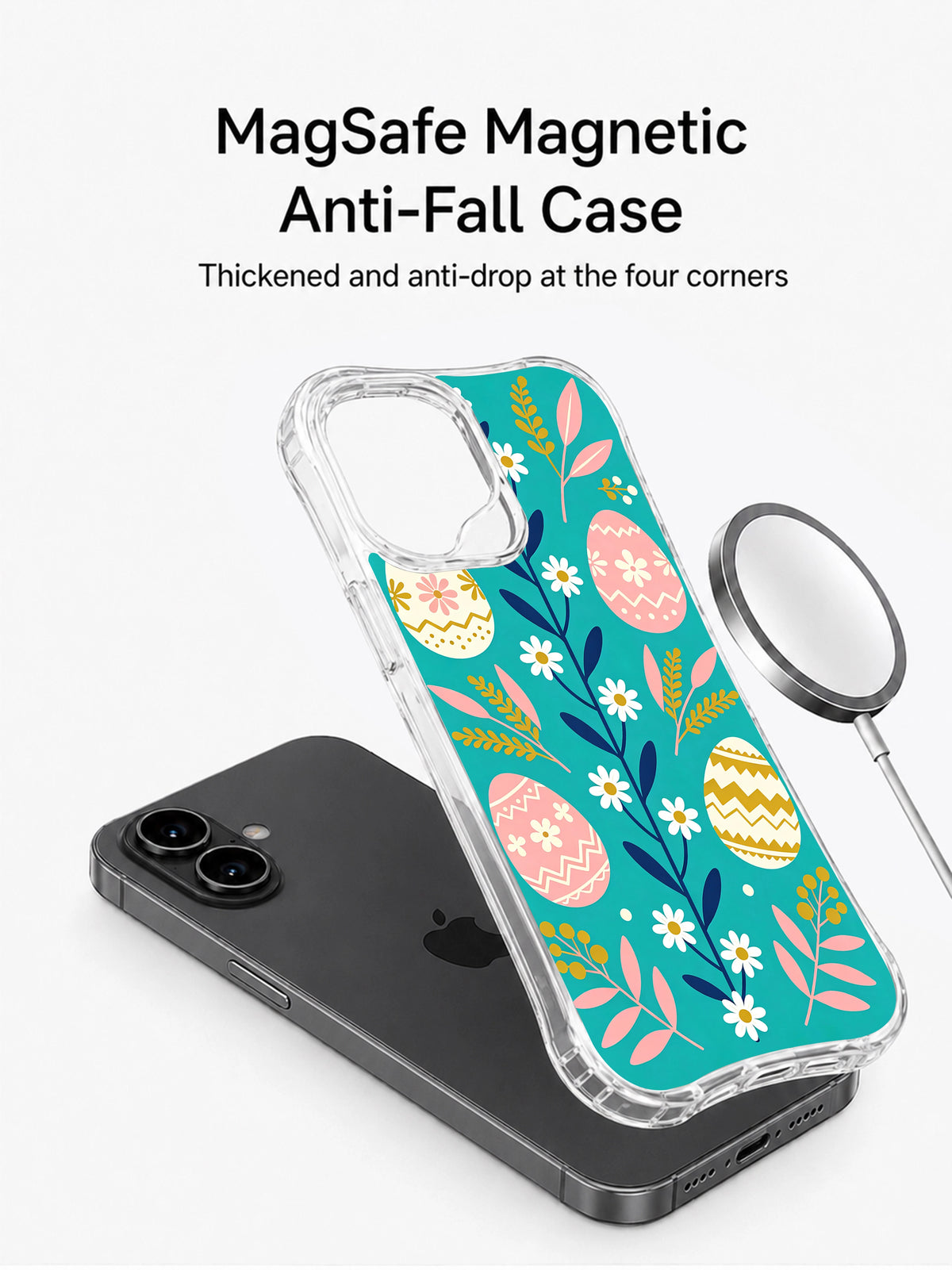 Petal Egg Waltz: Phone and separate illustrated case beside a round accessory.