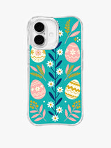 Petal Egg Waltz: Straight rear view of a tall navy stem with white daisies, pink leaves and patterned pastel eggs on turquoise.