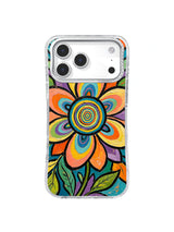 Botanical Orbit Bloom: A layered rainbow flower sits above green leaves on turquoise.