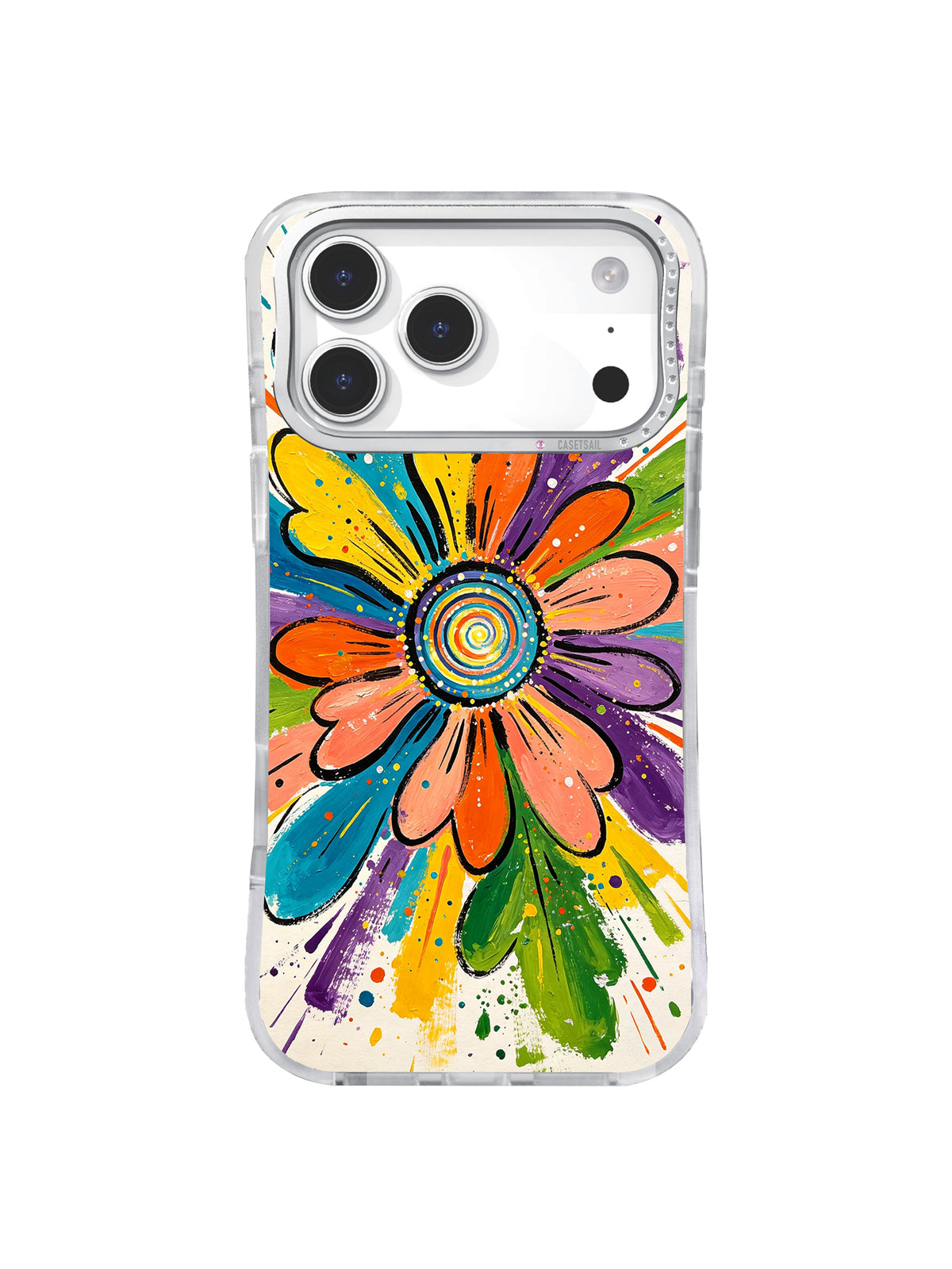 Confetti Daisy Signal: Narrow rainbow petals and paint splashes form a daisy-like burst.