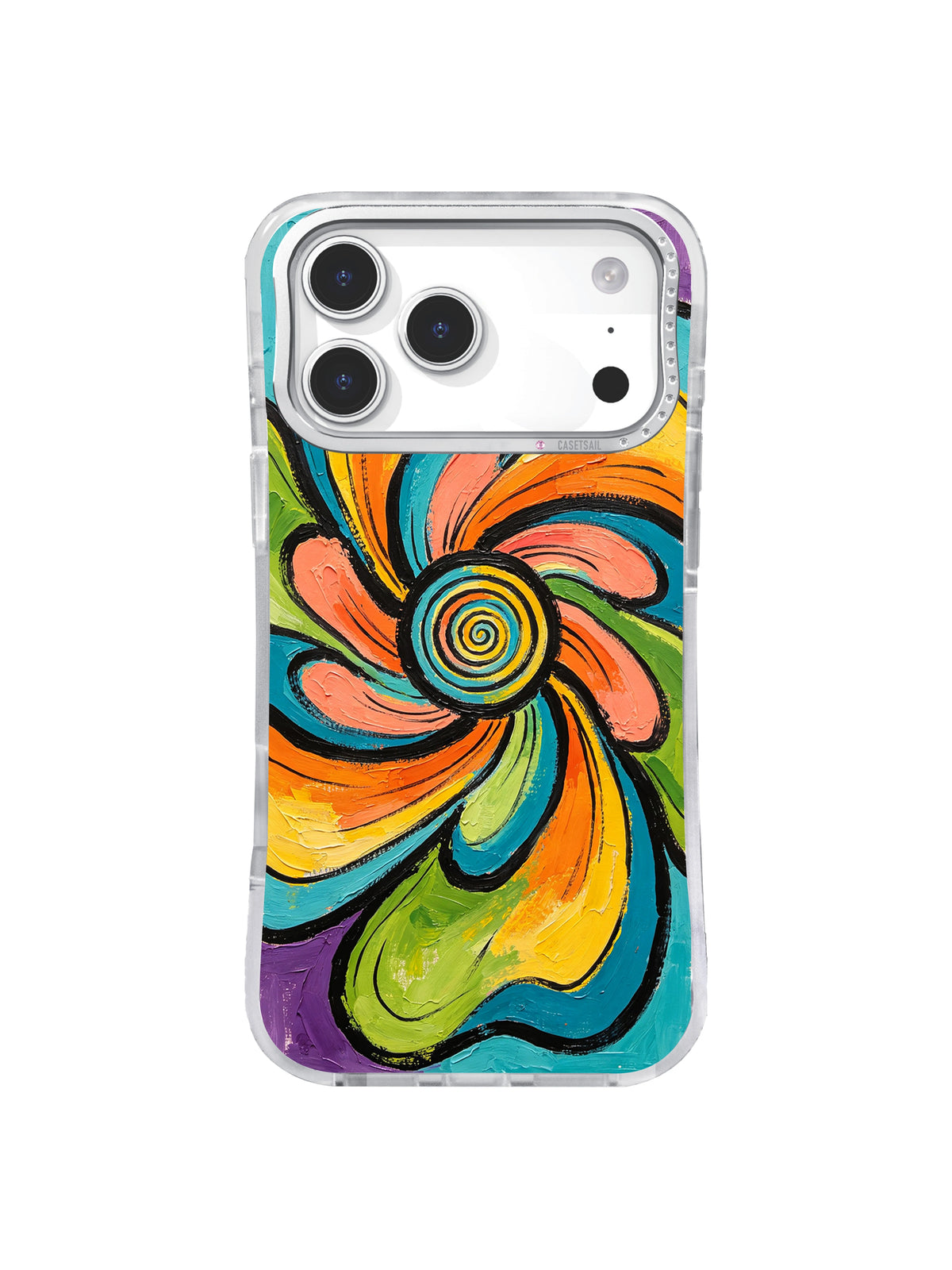 Flowing Petal Frequency: Long multicolor petals sweep clockwise around a dark spiral.