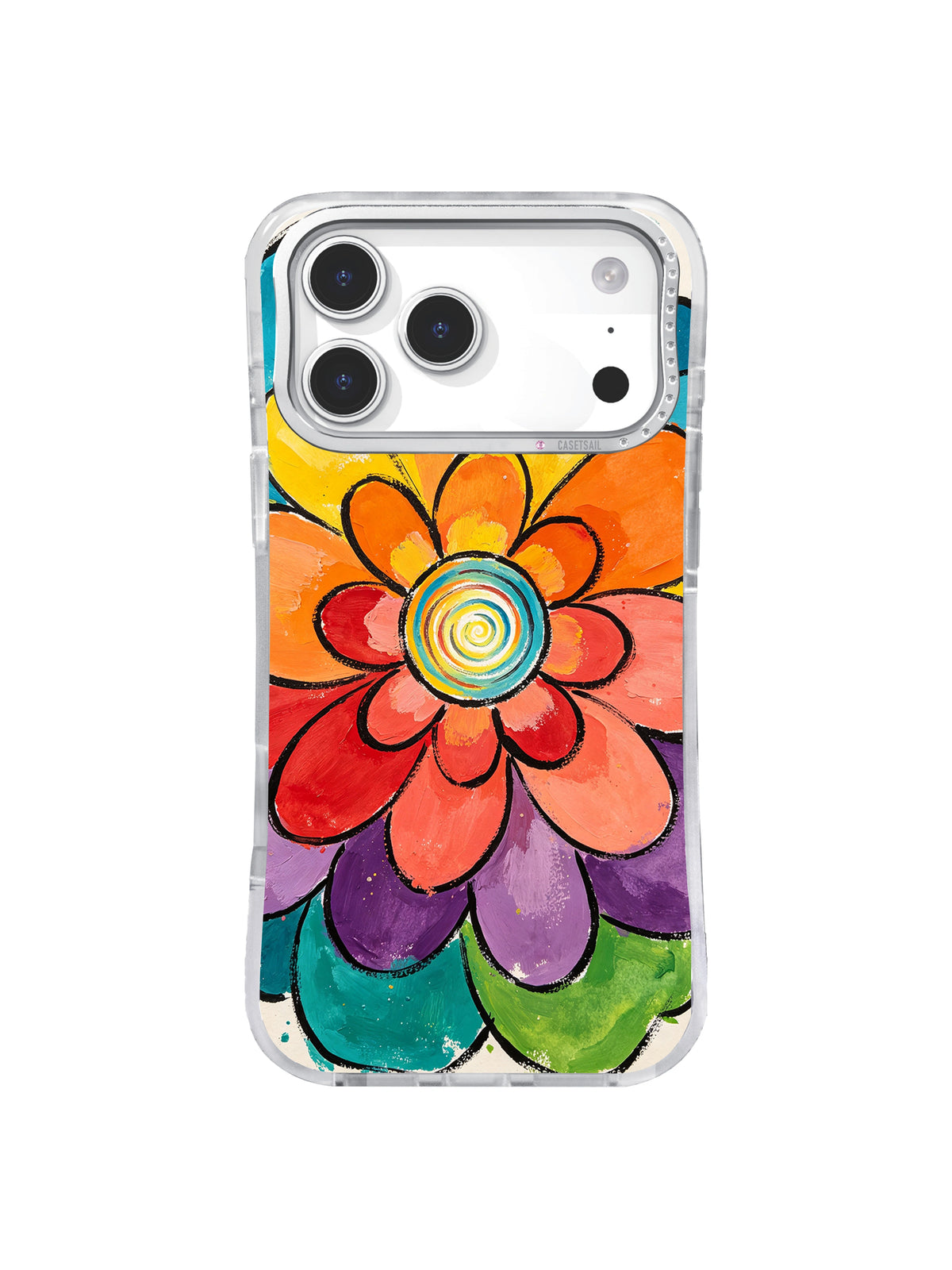 Spiral Signal Bloom: Layered orange, red, purple and green petals surround a striped spiral.