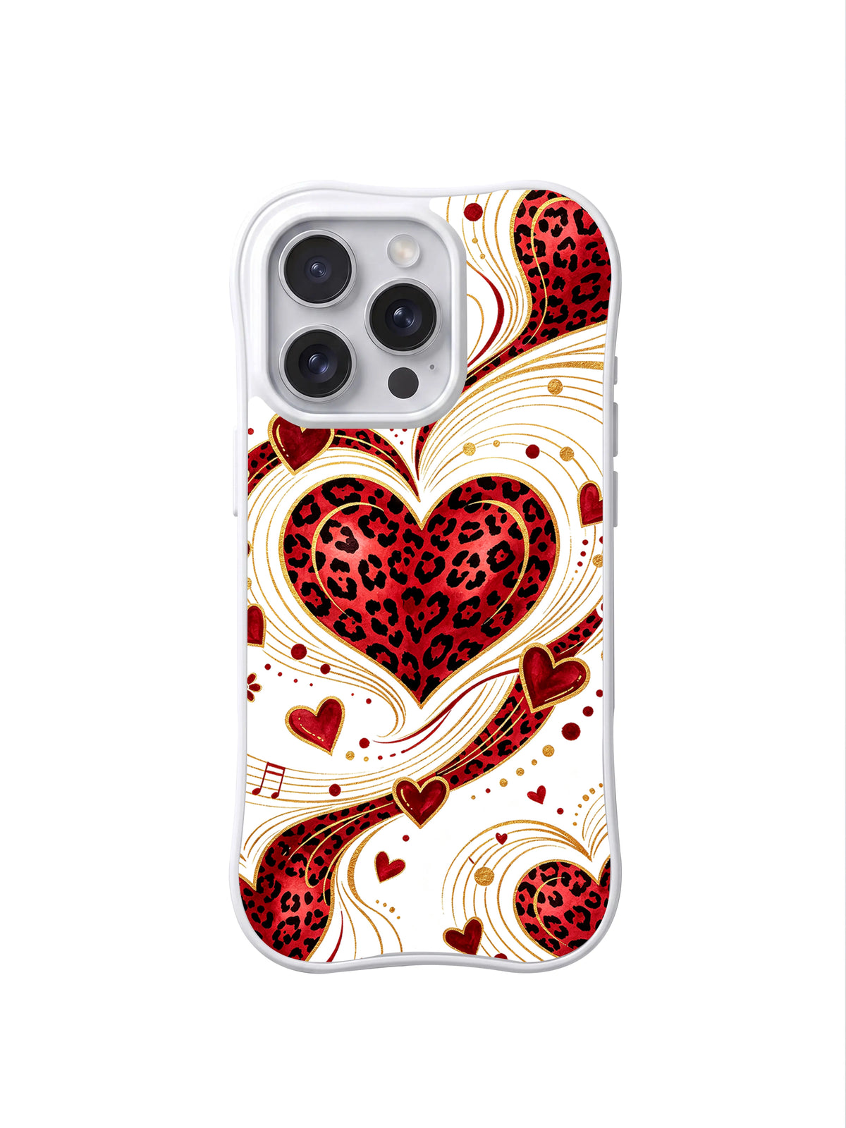 Leopard Heart Melody red black white and gold-colored heart and music-note artwork on an iPhone case