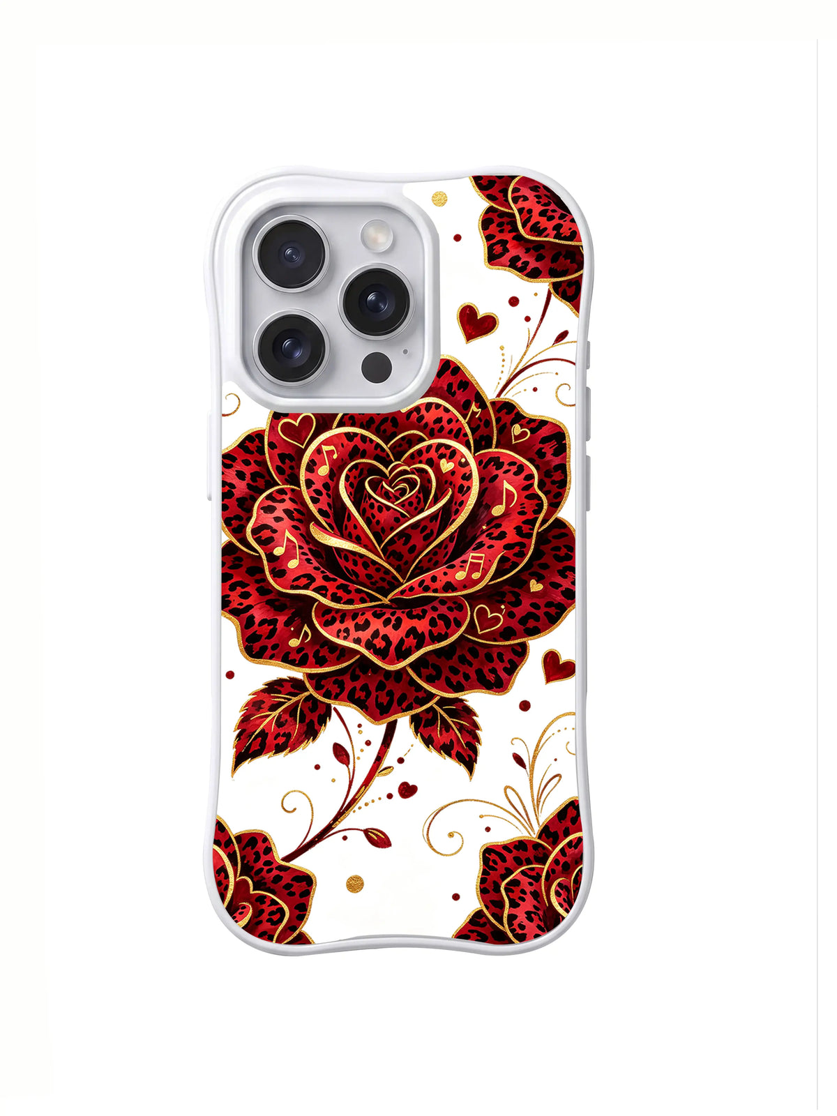Panther Rose Sonata red black pink white and gold-colored leopard-heart and rose artwork on an iPhone case