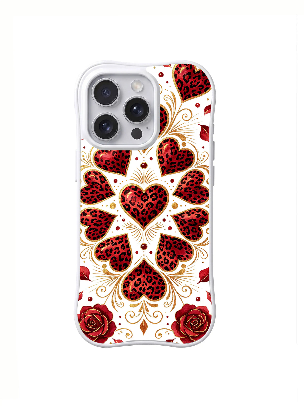 Leopard Heart Mandala red black pink white and gold-colored leopard-heart and rose artwork on an iPhone case